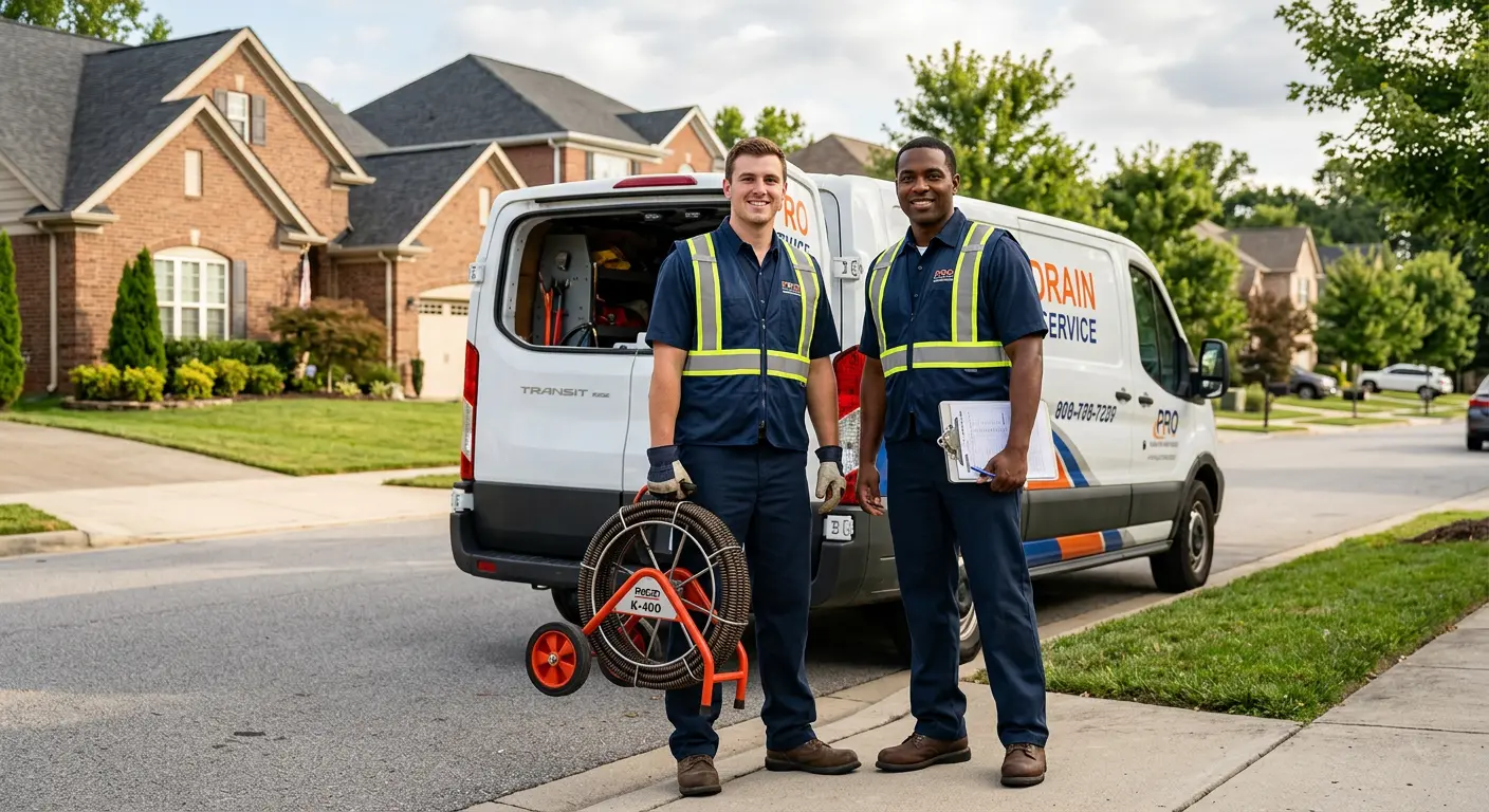 Sewer and drain service team with equipment ready for work in Hallsville