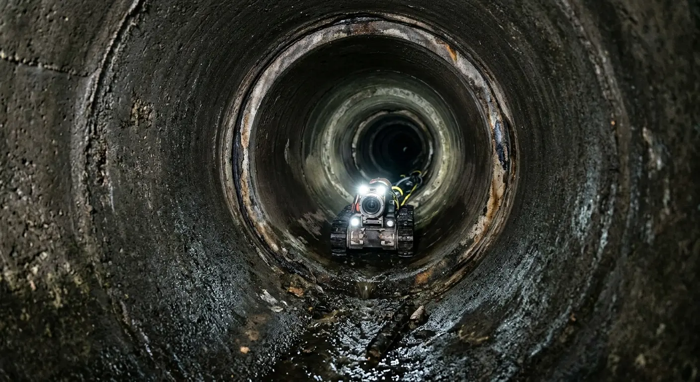Robotic sewer camera inspecting pipe interior for Sewer Line Cleaning in Hallsville