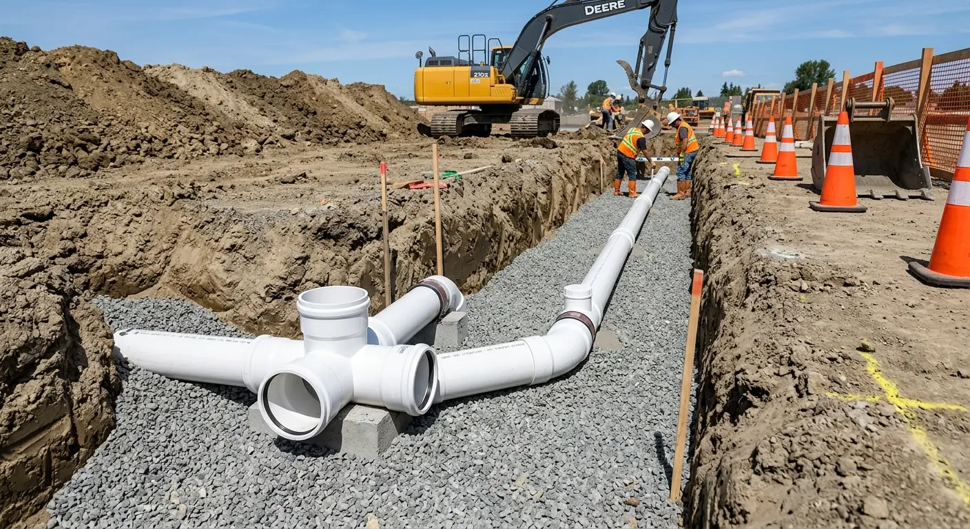 New PVC sewer pipe installation in open trench for Grease Trap Cleaning in Hallsville