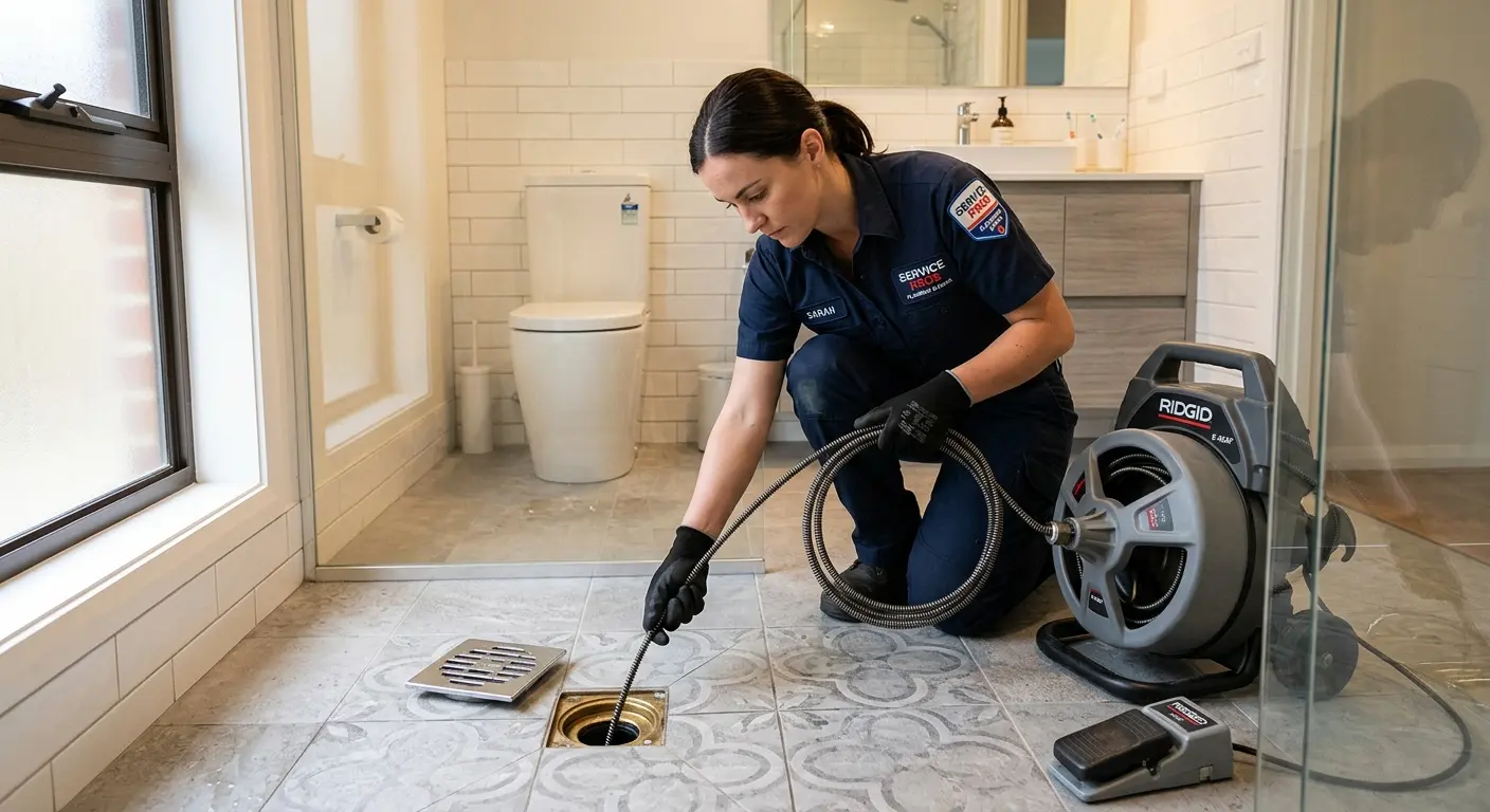 Technician clearing a bathroom floor drain for Sewer Line Installation in Hallsville